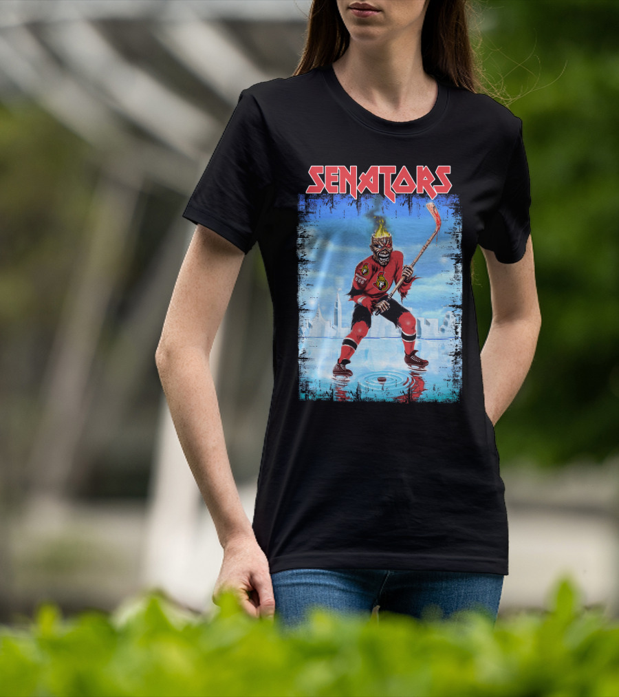 Senators Hockey Skeleton With Flaming Head And Hockey Stick T-Shirt
