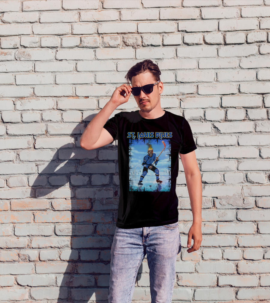 ST. LOUIS BLUES Hockey Player With Fiery Head And Ice Arena Background T-Shirt