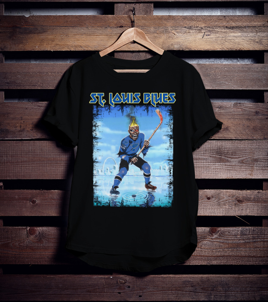 ST. LOUIS BLUES Hockey Player With Fiery Head And Ice Arena Background T-Shirt