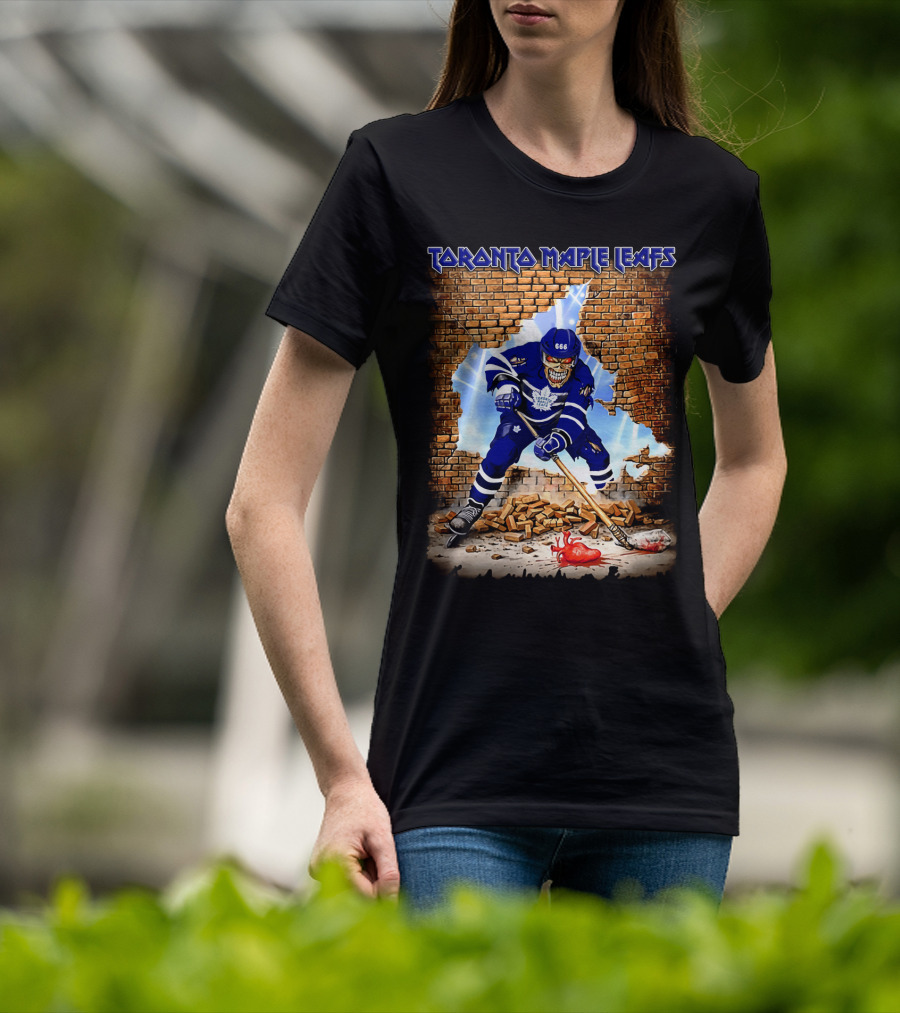 Toronto Maple Leafs Hockey Player Skeleton Breaking Brick Wall T-Shirt