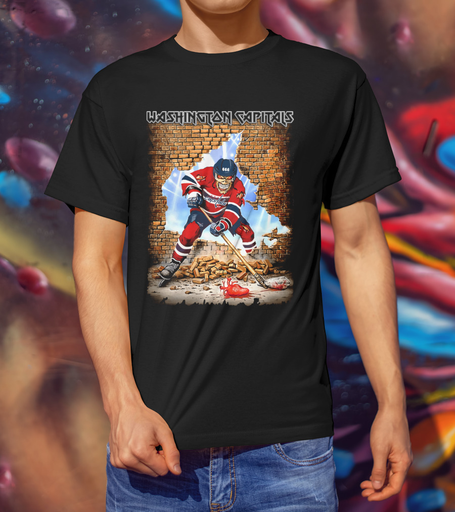 Washington Capitals Hockey Player Skull Brick Wall Artwork T-Shirt