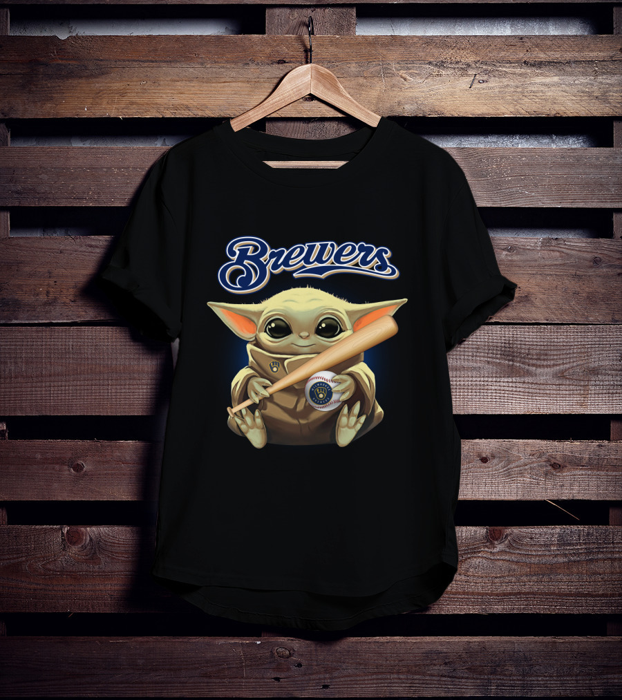 Milwaukee Brewers Baby Yoda Holding Baseball And Bat T-Shirt
