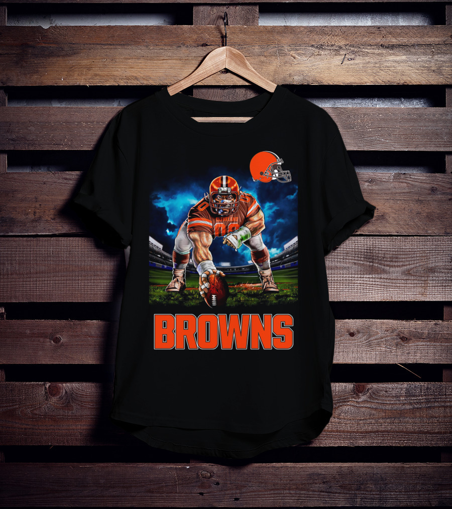 Cleveland Browns Nfl 3 Point Stance Football Player Stadium Scene T-Shirt