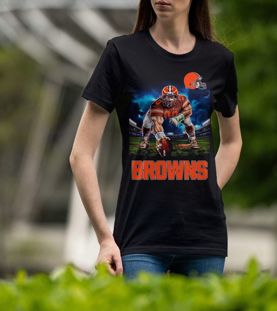 Cleveland Browns Nfl 3 Point Stance Football Player Stadium Scene T-Shirt