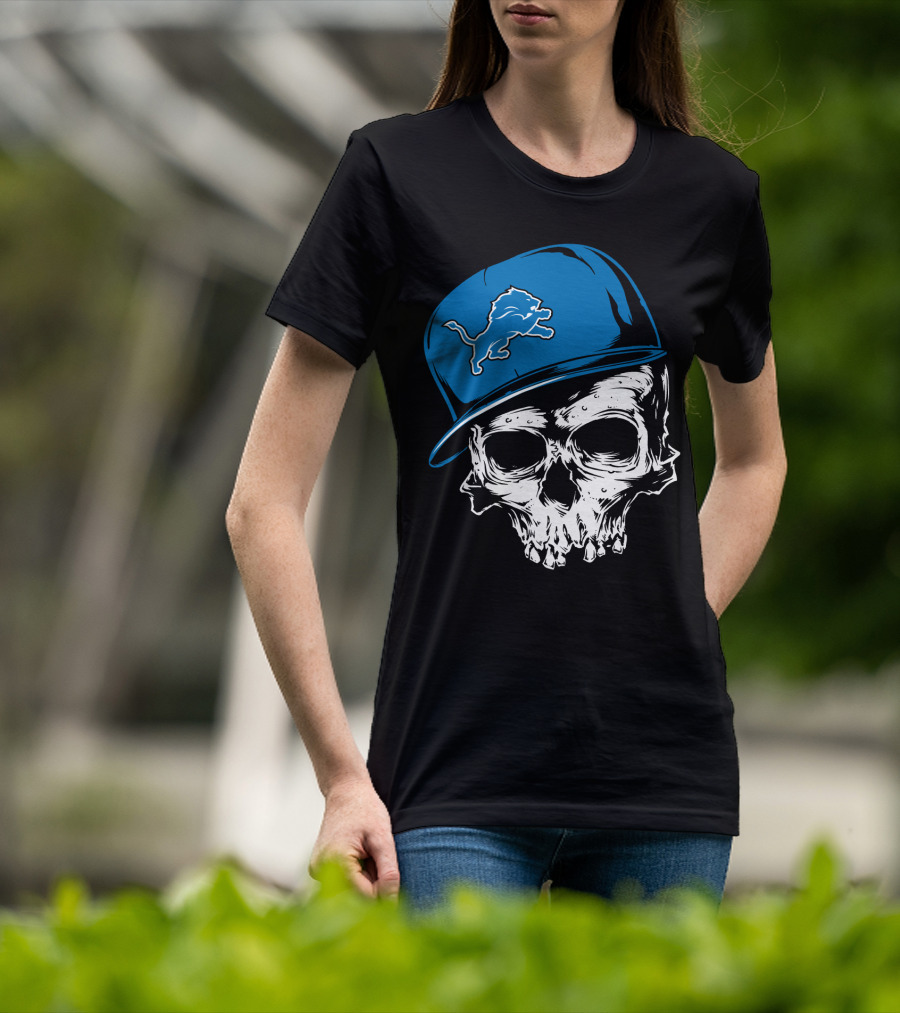 Detroit Lions Skull With Blue Cap Featuring Iconic Team T-Shirt