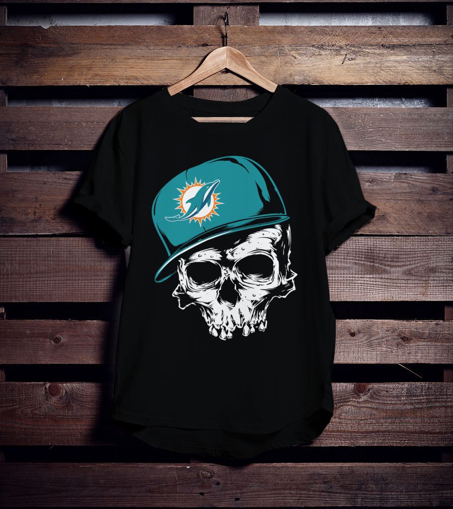 Miami Dolphins Skull With Teal Hat T-Shirt
