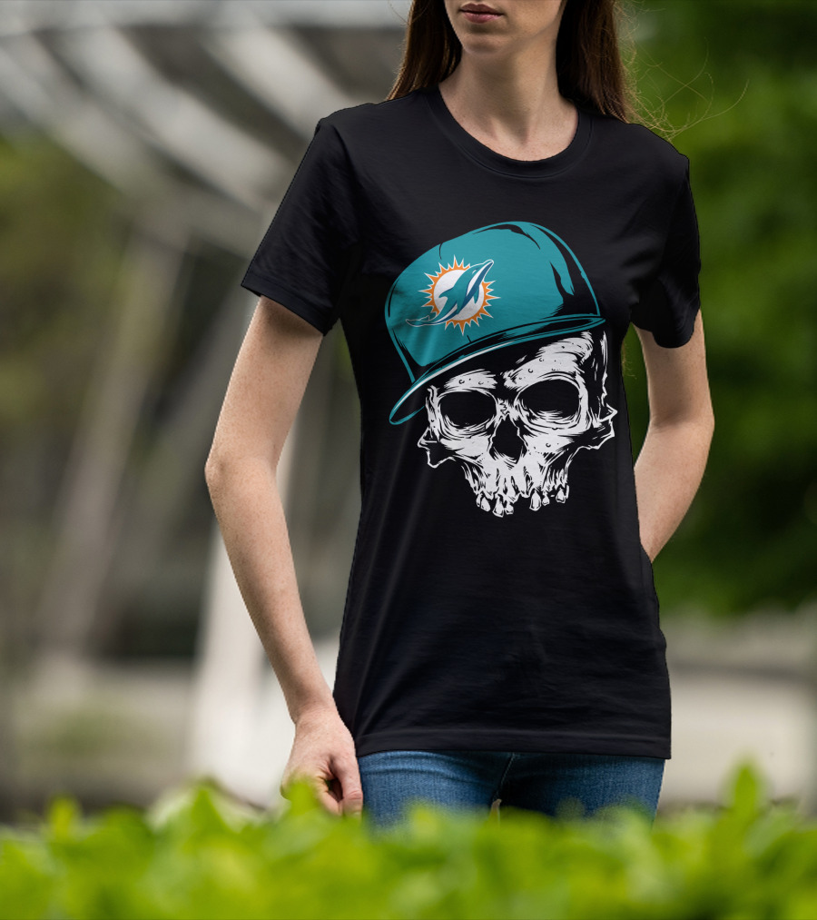 Miami Dolphins Skull With Teal Hat T-Shirt