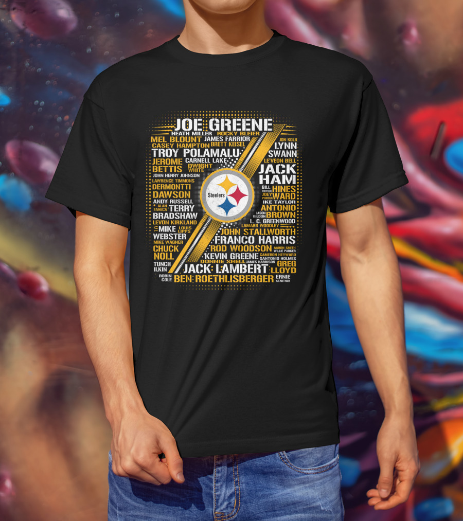 Joe Greene Troy Polamalu Jerome Bettis Steelers Iconic Names Collage T-Shirt