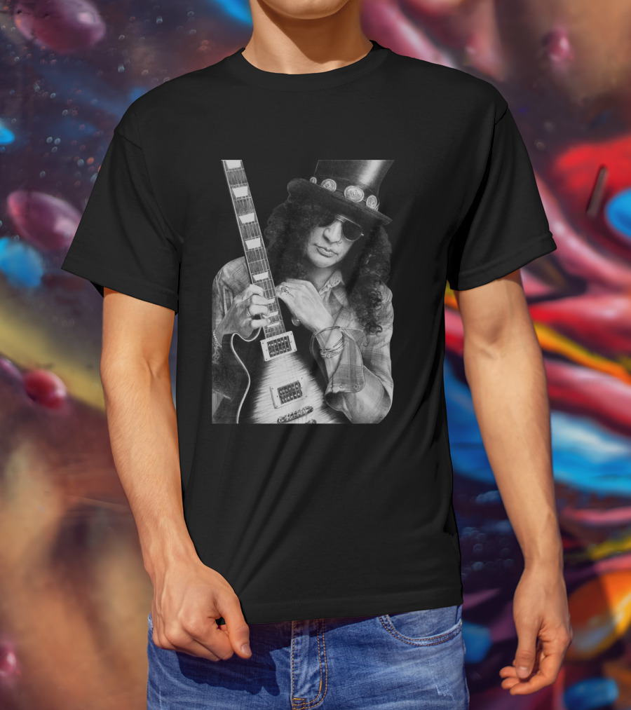 Guns N' Roses Slash With Guitar Iconic Black And White T-Shirt