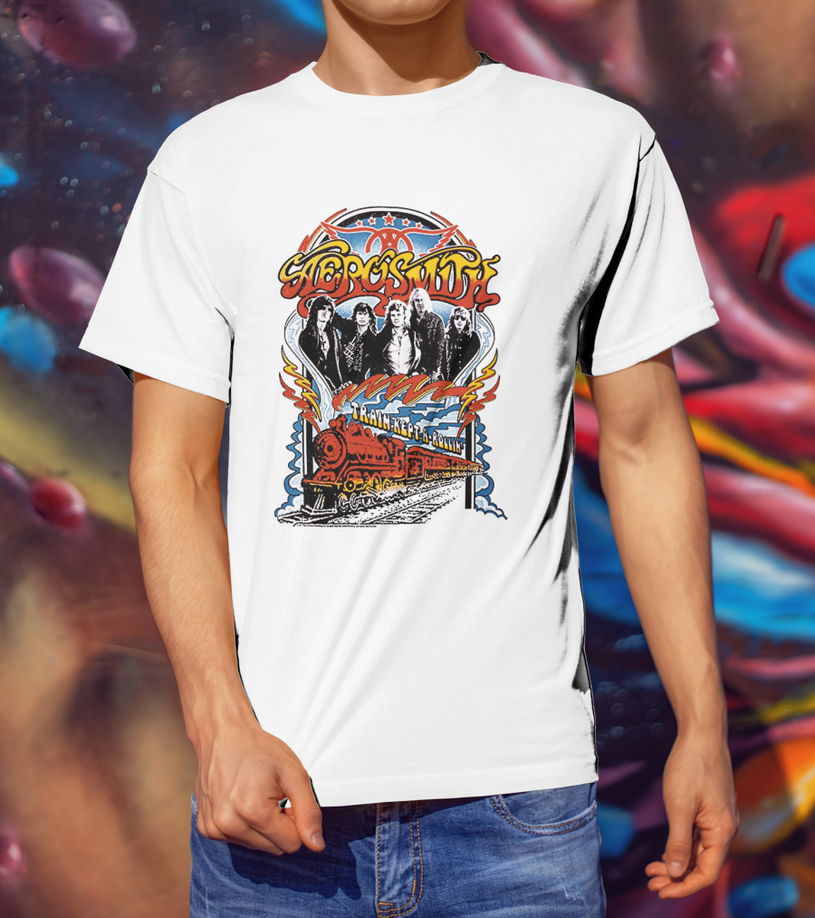 Aerosmith Train Kept A Rollin' Retro Band Graphic With Train And Stars T-Shirt