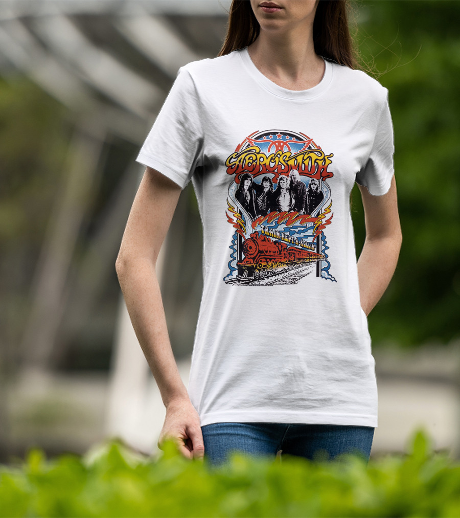 Aerosmith Train Kept A Rollin' Retro Band Graphic With Train And Stars T-Shirt