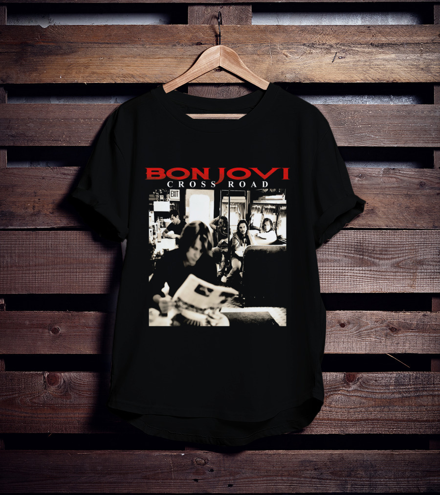 Bon Jovi Cross Road Album Cover Black And White Café Scene T-Shirt
