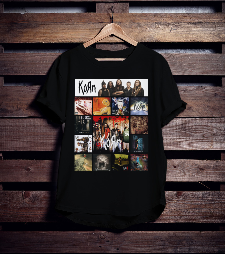 Korn Greatest Hits Collection Featuring Classic Album Covers And Band Members T-Shirt