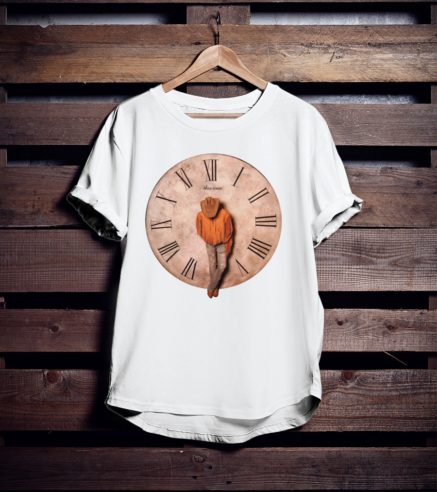 Cowboy Hat Fringed Jacket Leaning On Roman Numeral Clockface This Time T-Shirt