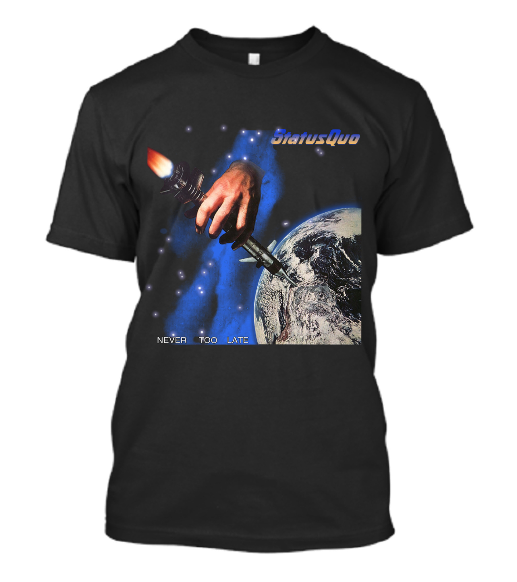 Status Quo Never Too Late Album Cover Space Hand Rocket Earth T-Shirt