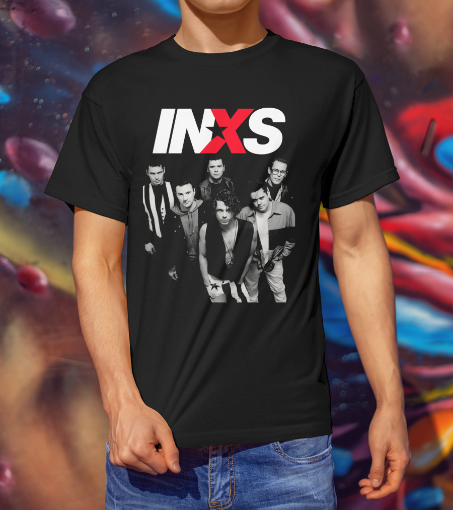 Inxs Band Black And White Group Photo With Red T-Shirt