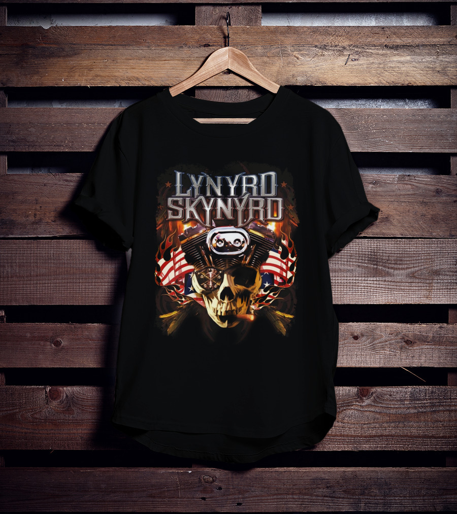 Lynyrd Skynyrd Motorcycle Engine Skull With American Flag Flames T-Shirt