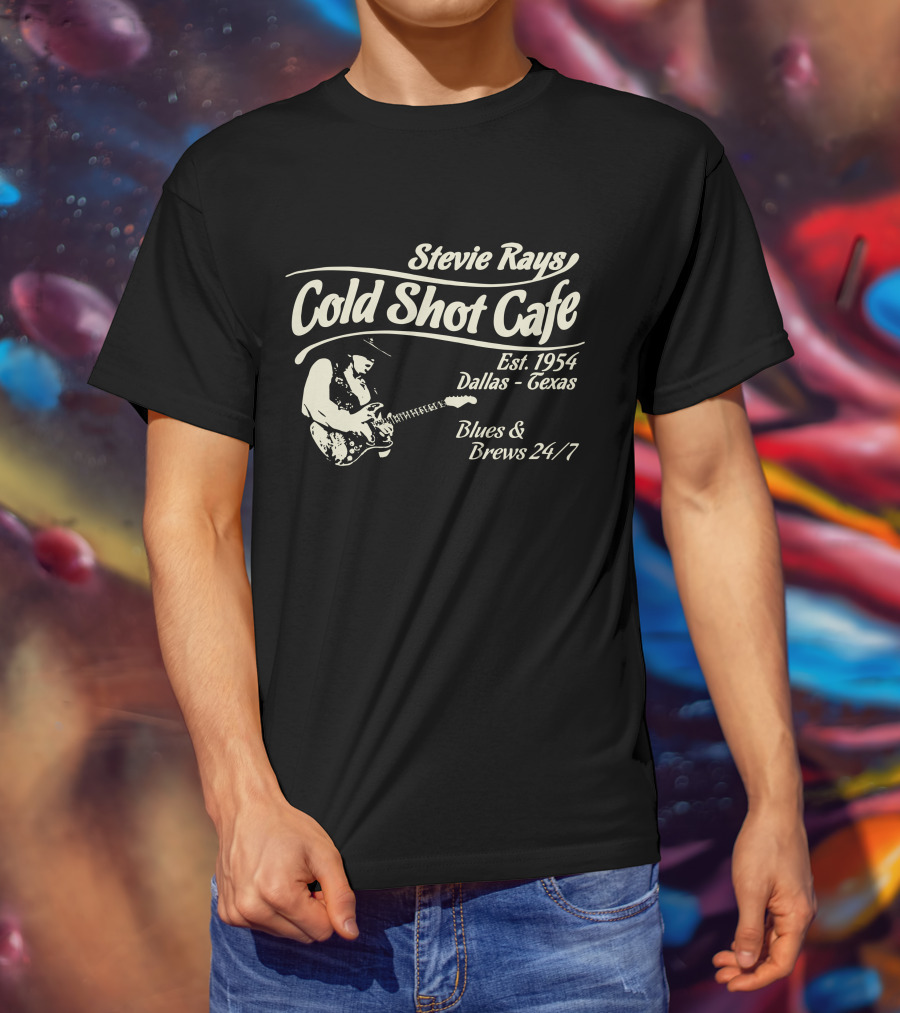 Stevie Rays Cold Shot Cafe Est. 1954 Dallas Texas Blues & Brews 24/7 T-Shirt