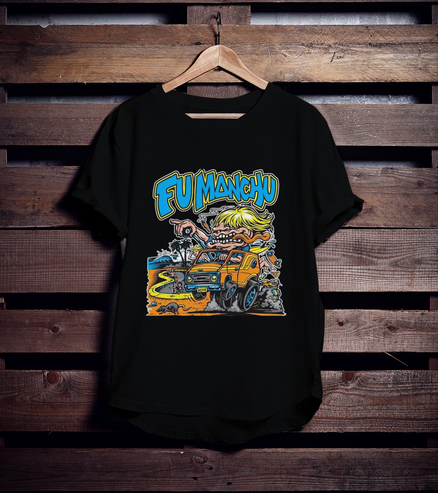 Fu Manchu Surf Adventure Vintage Car Beach Scene T-Shirt