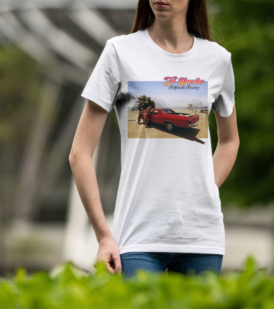 Fu Manchu California Crossing Red Car Beach Scene T-Shirt