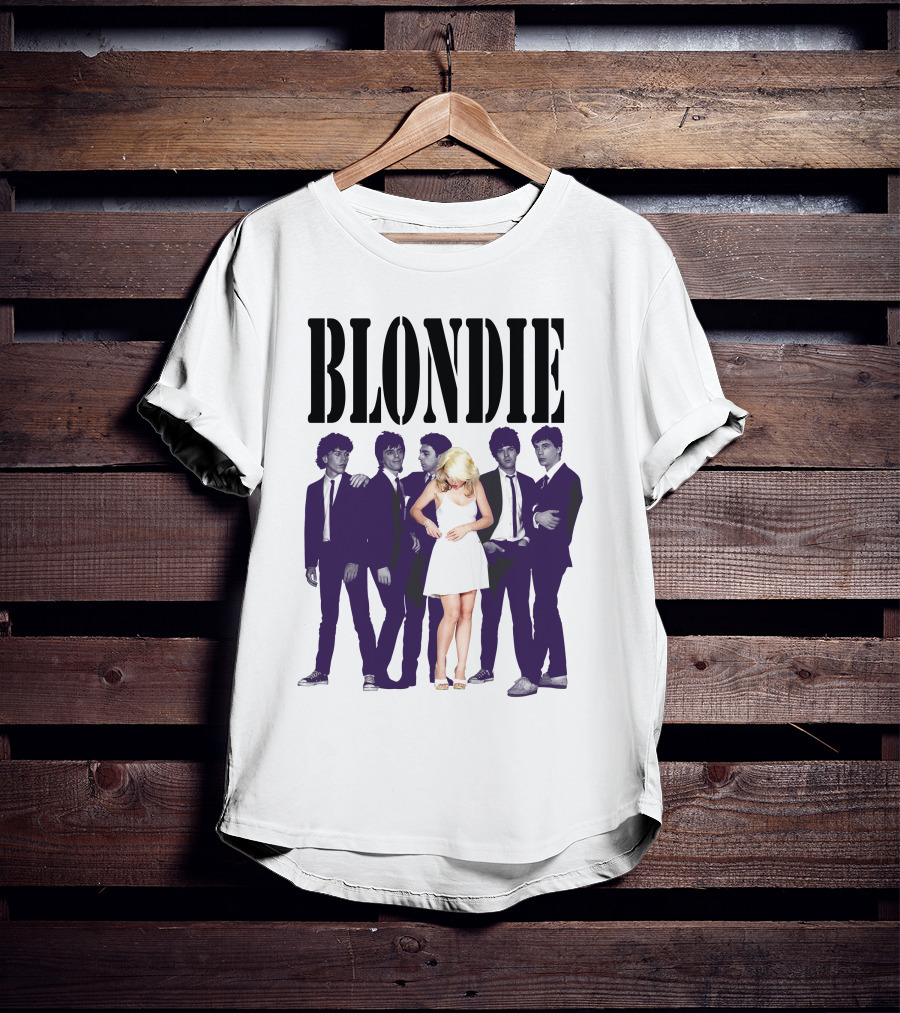 Blondie Band Classic Group Pose Black And White Borderline White Dress T-Shirt