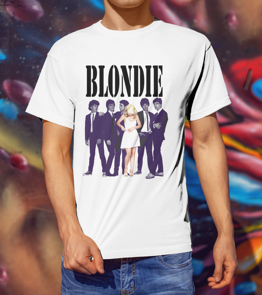 Blondie Band Classic Group Pose Black And White Borderline White Dress T-Shirt