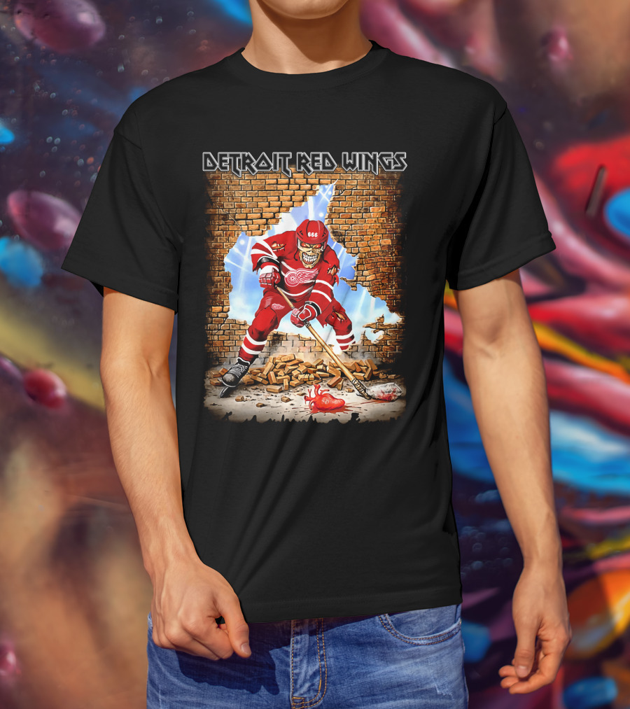 Detroit Red Wings Brick Wall Skeleton Hockey Player With Red Jersey And Ice Stick T-Shirt