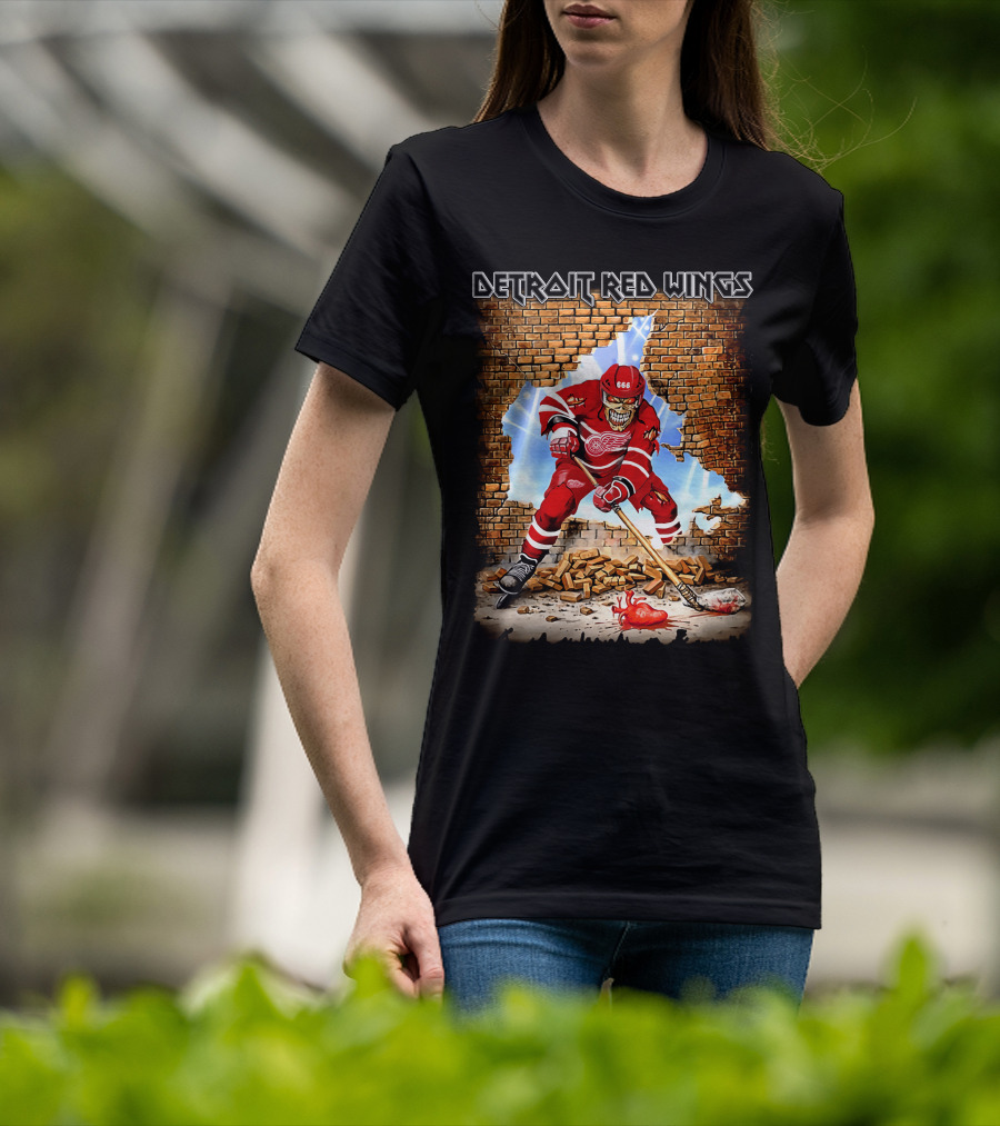 Detroit Red Wings Brick Wall Skeleton Hockey Player With Red Jersey And Ice Stick T-Shirt