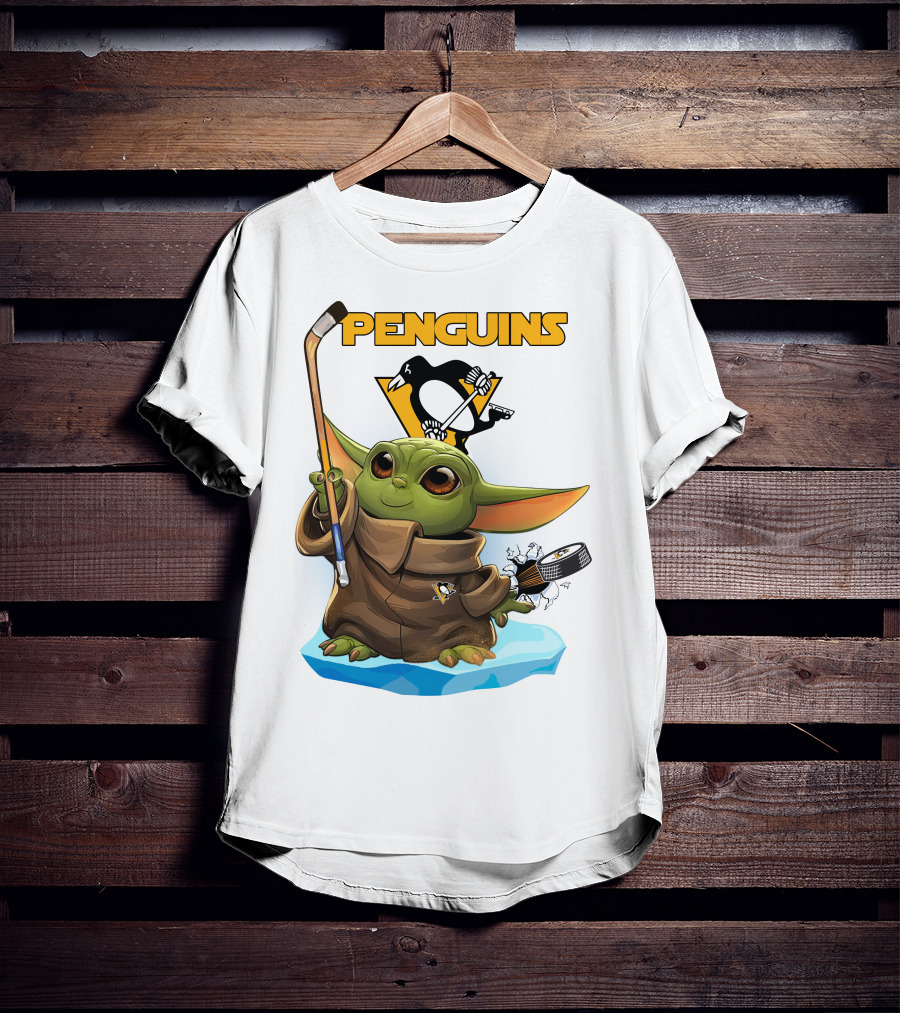 Baby Yoda Penguins Puck And Hockey Stick With Pittsburgh Penguins T-Shirt