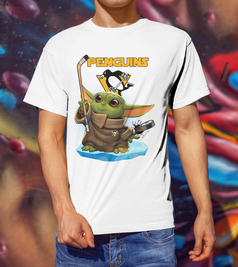 Baby Yoda Penguins Puck And Hockey Stick With Pittsburgh Penguins T-Shirt