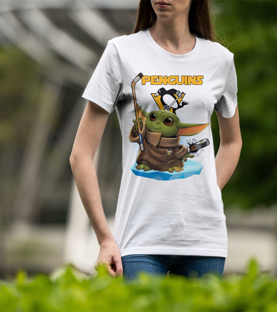 Baby Yoda Penguins Puck And Hockey Stick With Pittsburgh Penguins T-Shirt