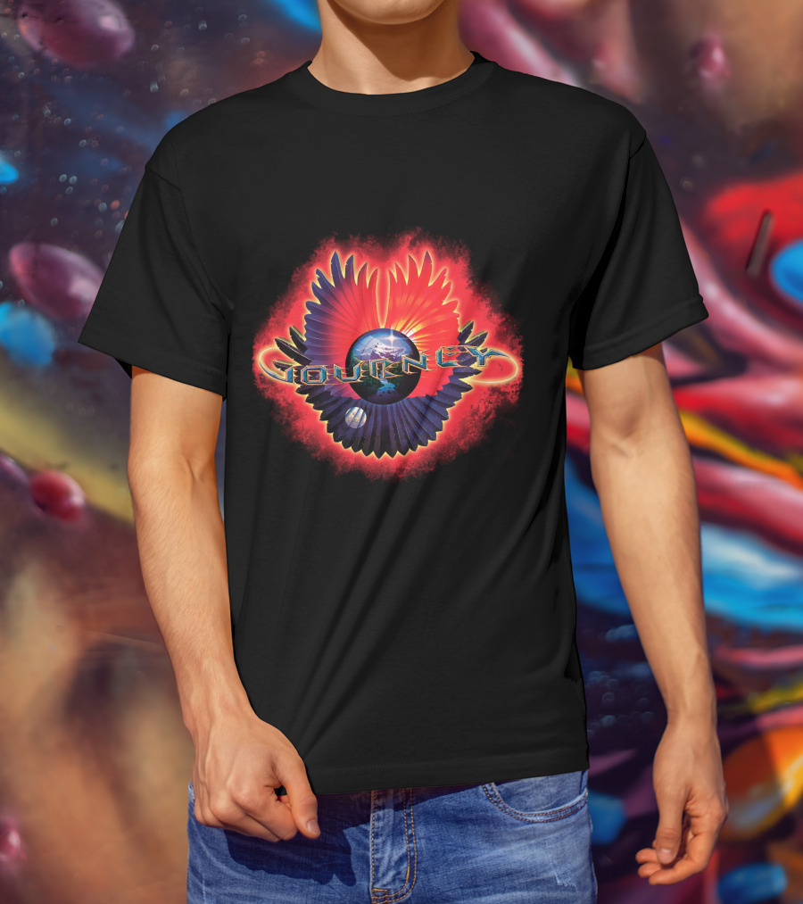 Journey Band Logo With Planet And Red-Blue Wings T-Shirt