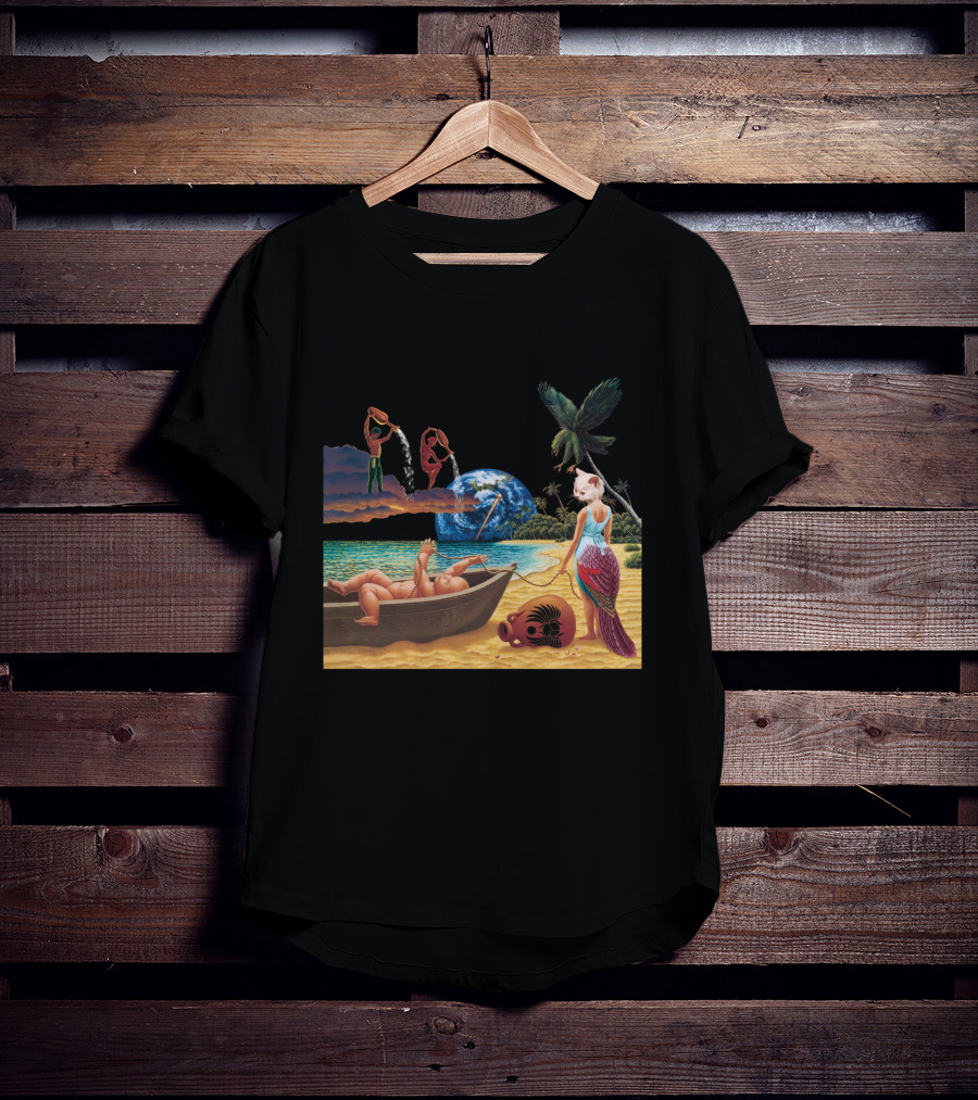Cosmic Beach Scene With Mermaid And Planet Earth T-Shirt