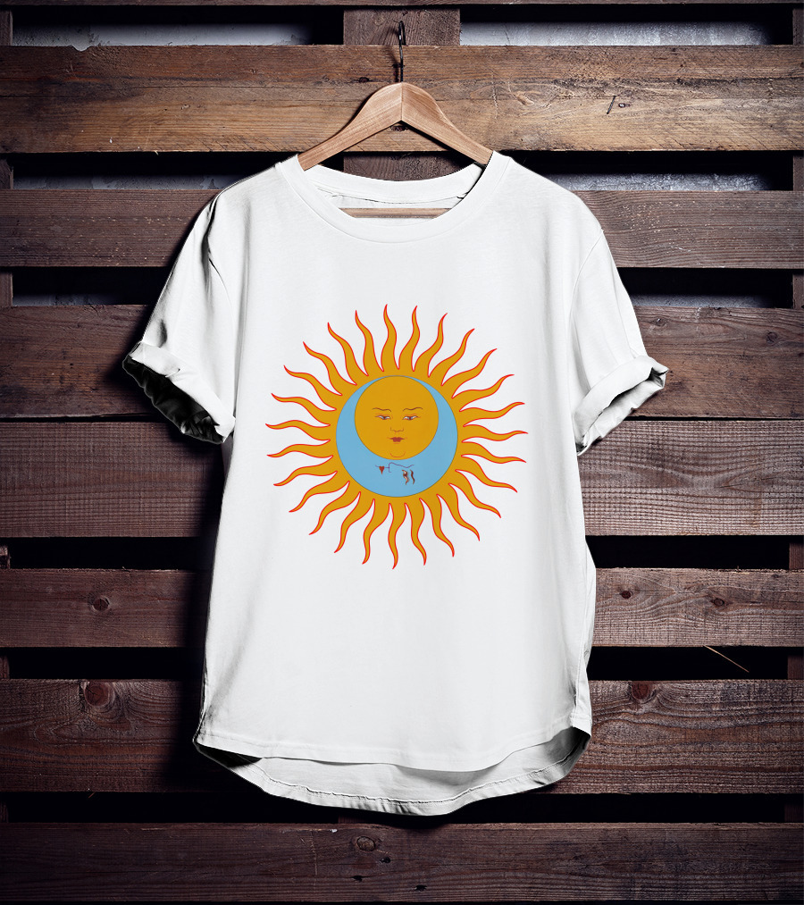 Crimson Red Sun Face Icon On Blue And Orange T-Shirt