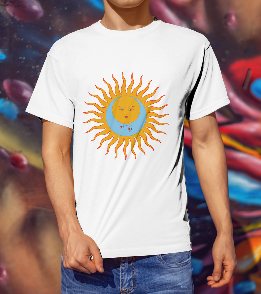 Crimson Red Sun Face Icon On Blue And Orange T-Shirt