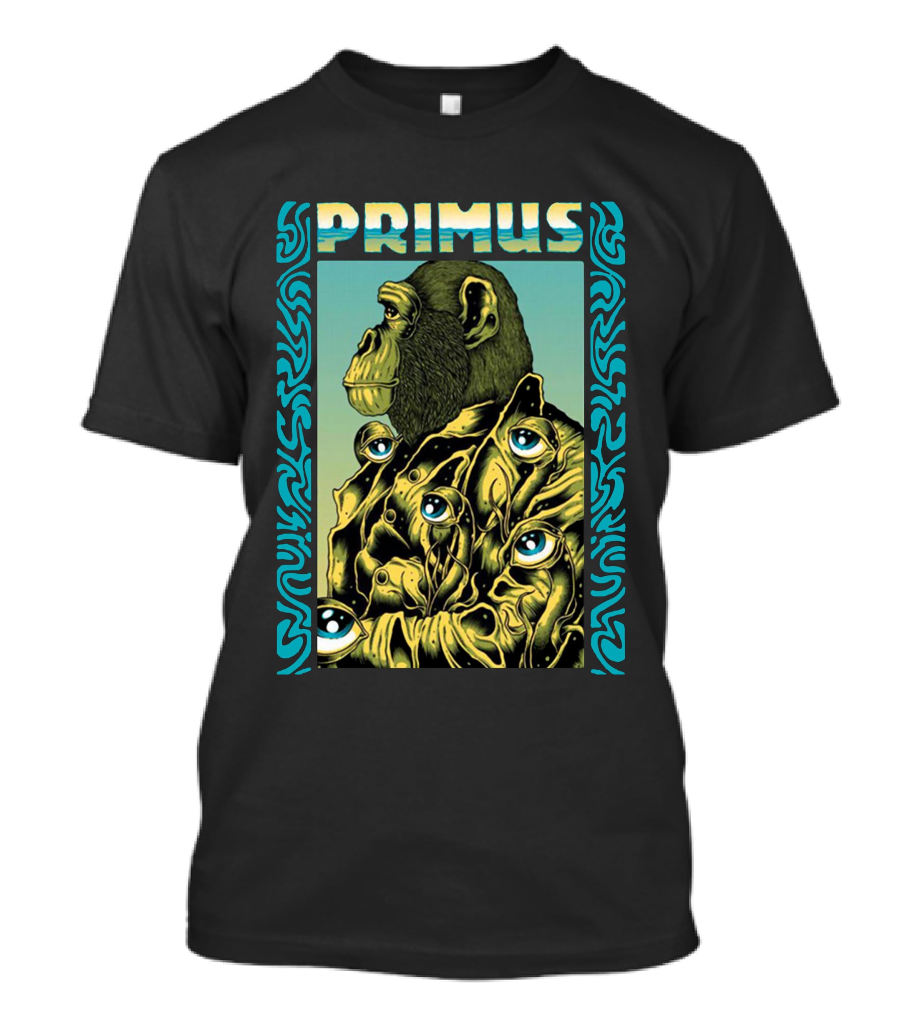 Primus Surrealist Monkey With Eyes And Tribal Border T-Shirt