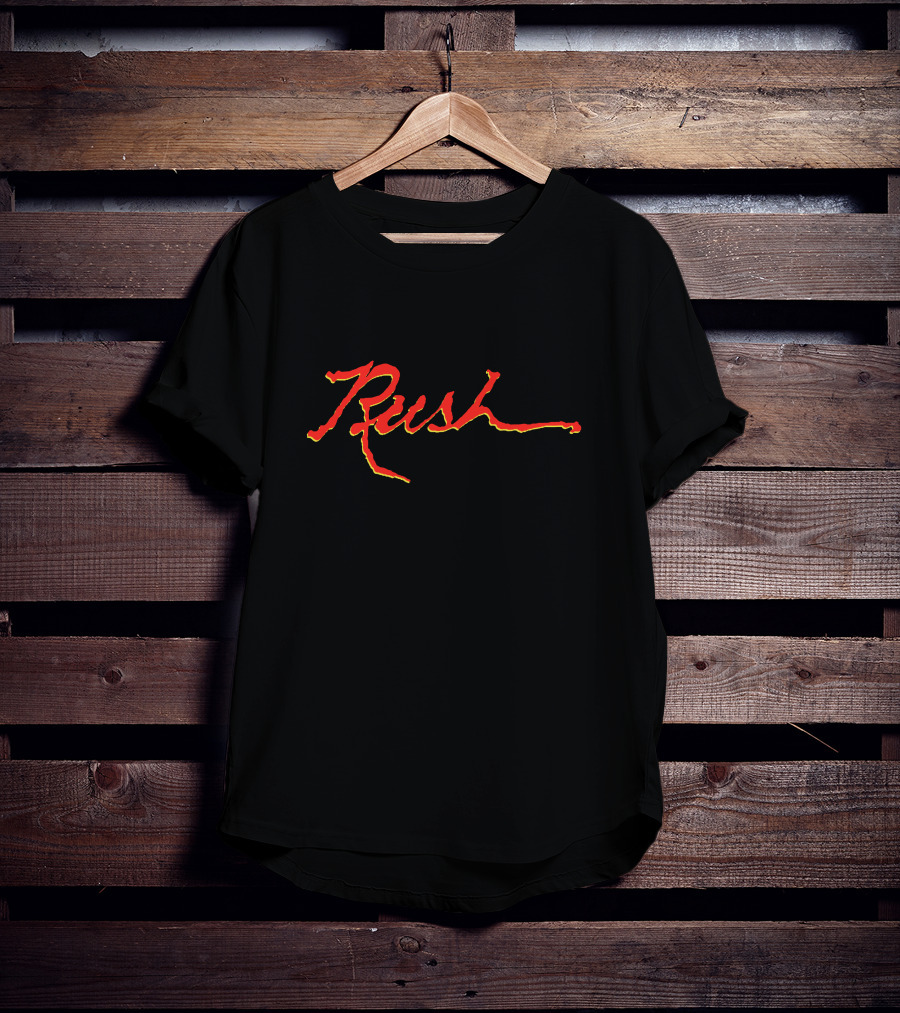 Rush Band Stylized Red And Yellow Script T-Shirt