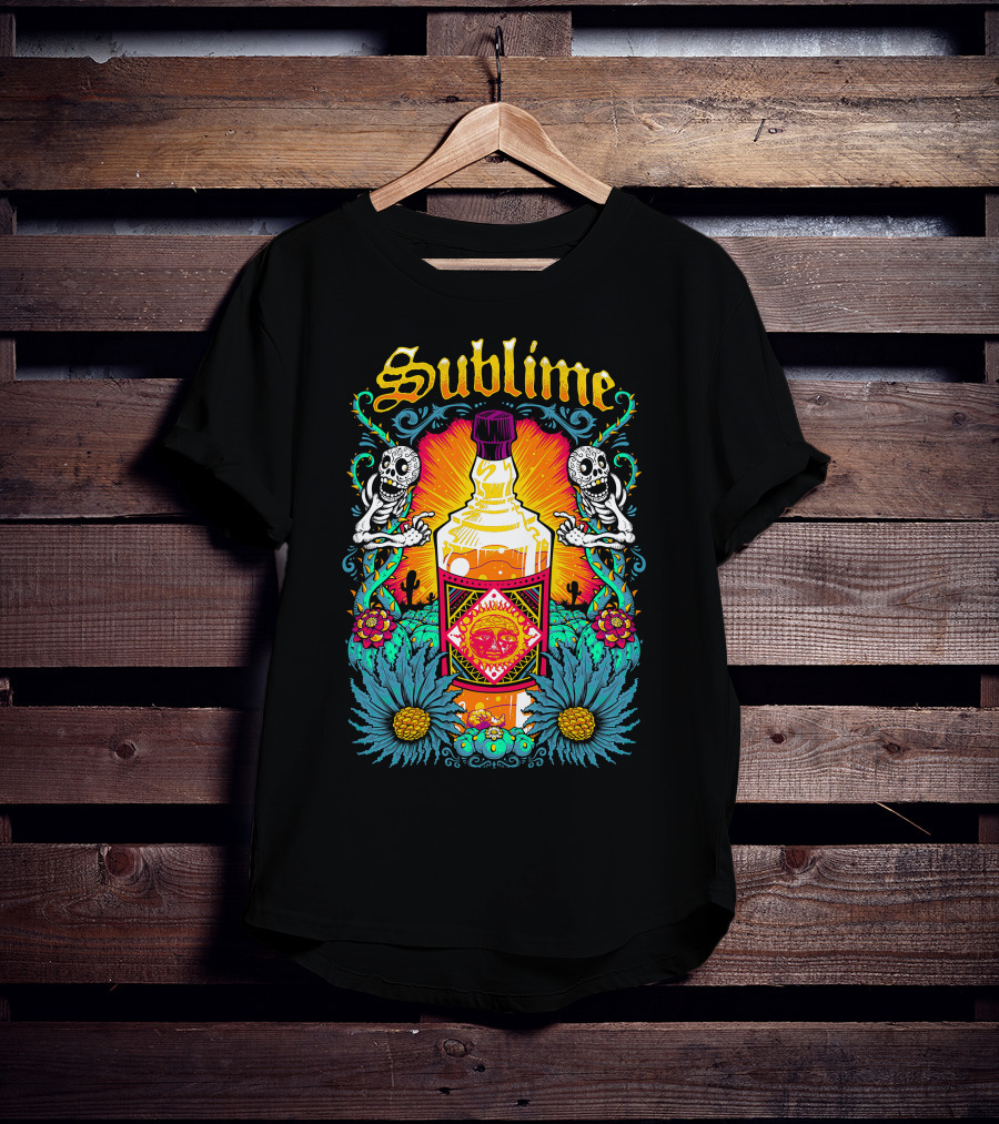 Sublime Skeletons And Cactus With Bottle Sunburst T-Shirt