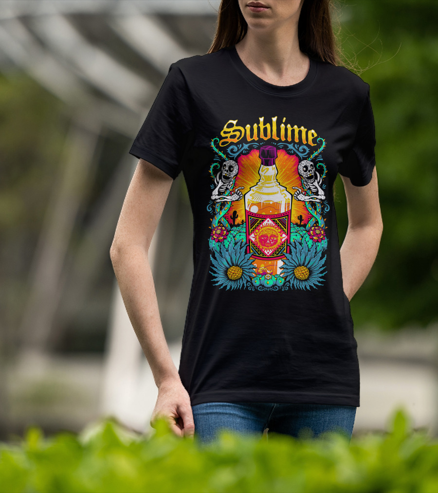 Sublime Skeletons And Cactus With Bottle Sunburst T-Shirt