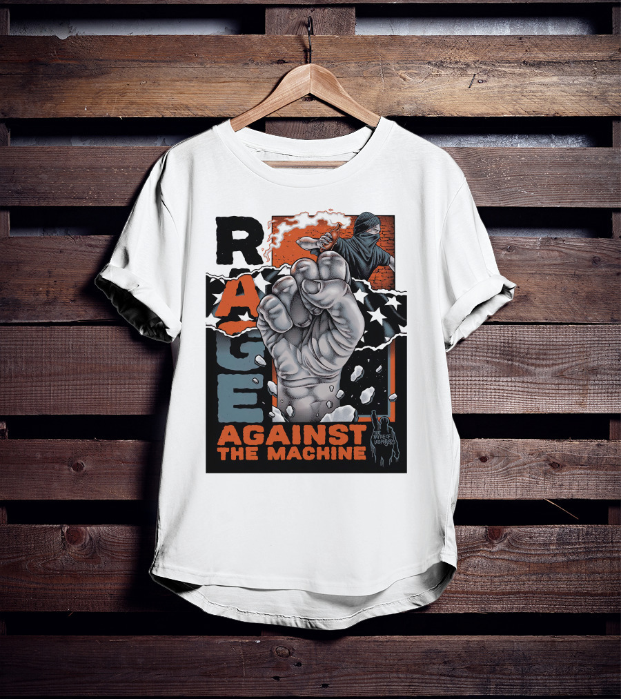 Rage Against The Machine Fist With Star Pattern And Hooded Figure T-Shirt