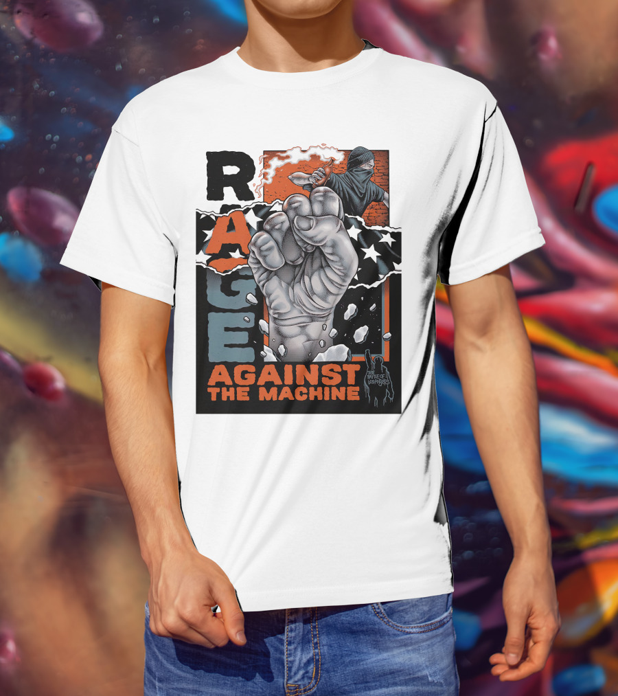 Rage Against The Machine Fist With Star Pattern And Hooded Figure T-Shirt