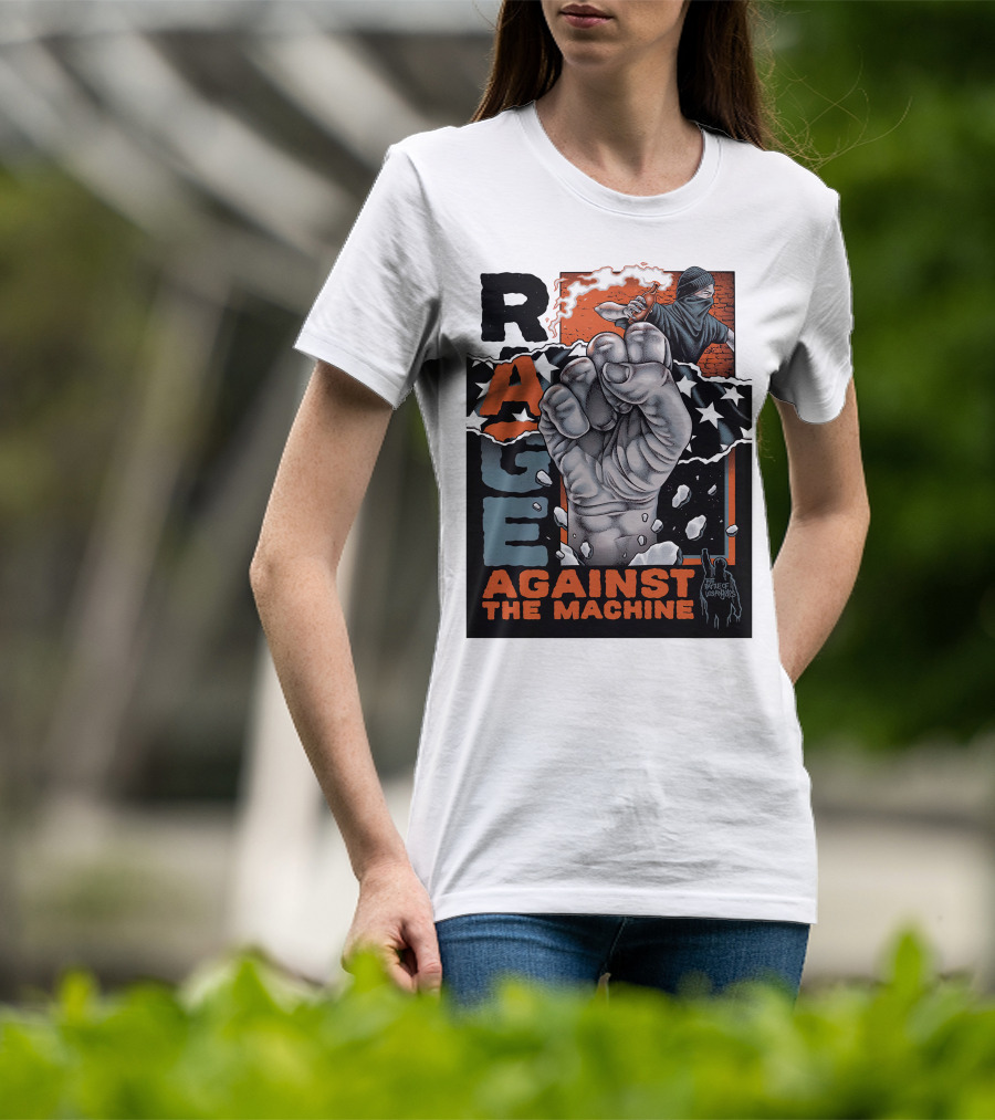 Rage Against The Machine Fist With Star Pattern And Hooded Figure T-Shirt