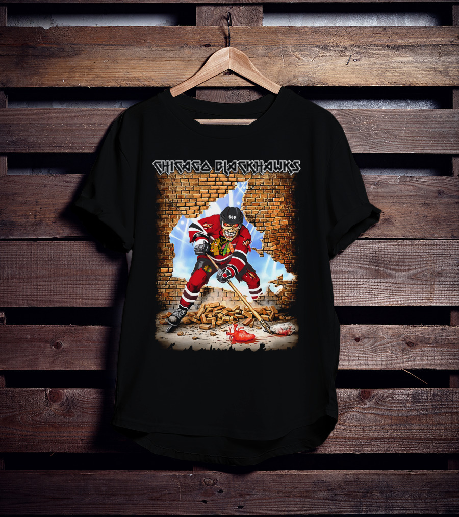 Chicago Blackhawks Hockey Skeleton Breaking Through Wall T-Shirt