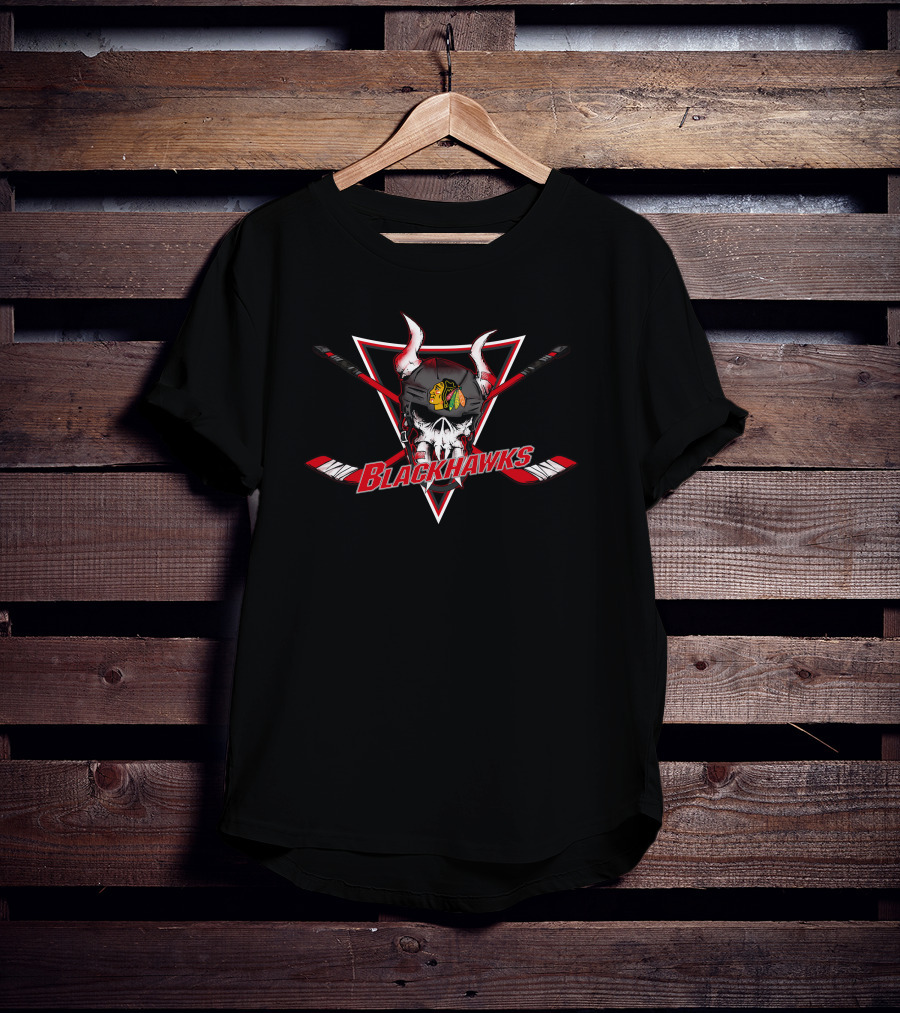 Chicago Blackhawks Skull Helmet With Crossed Hockey Sticks T-Shirt