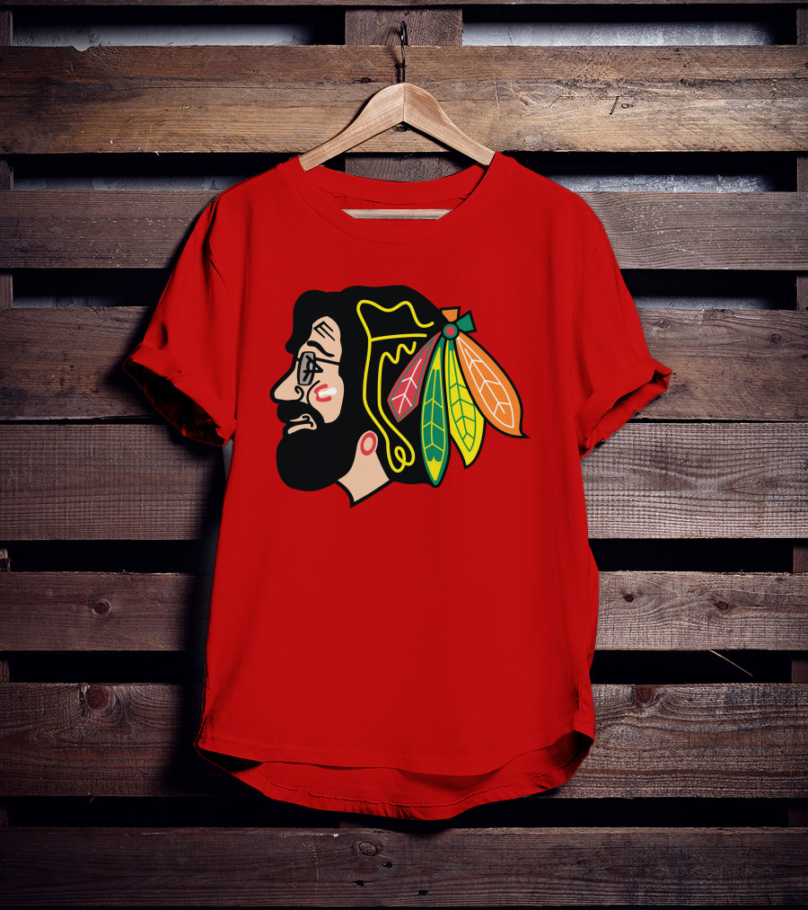 Chicago Blackhawks 1 Portrait With Feathered Headdress On Red T-Shirt
