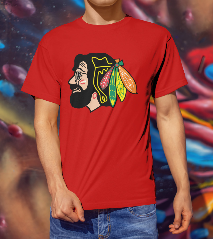 Chicago Blackhawks 1 Portrait With Feathered Headdress On Red T-Shirt