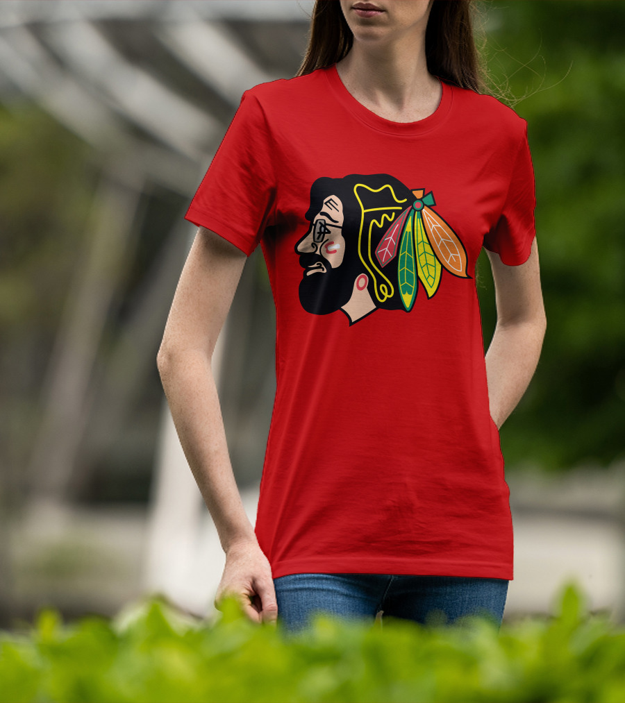 Chicago Blackhawks 1 Portrait With Feathered Headdress On Red T-Shirt