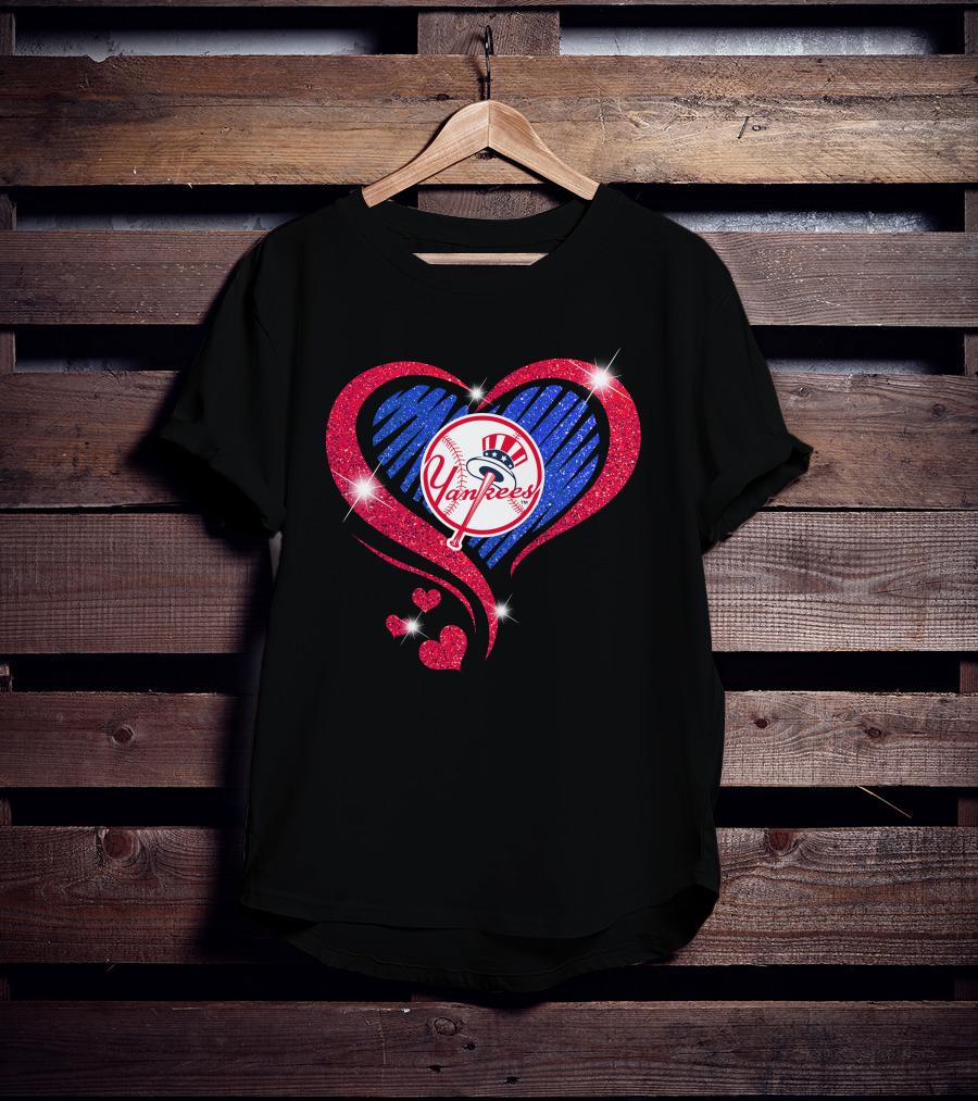 Yankees Shimmering Heart Design With Baseball Logo And Sparkling Red And Blue Elements T-Shirt
