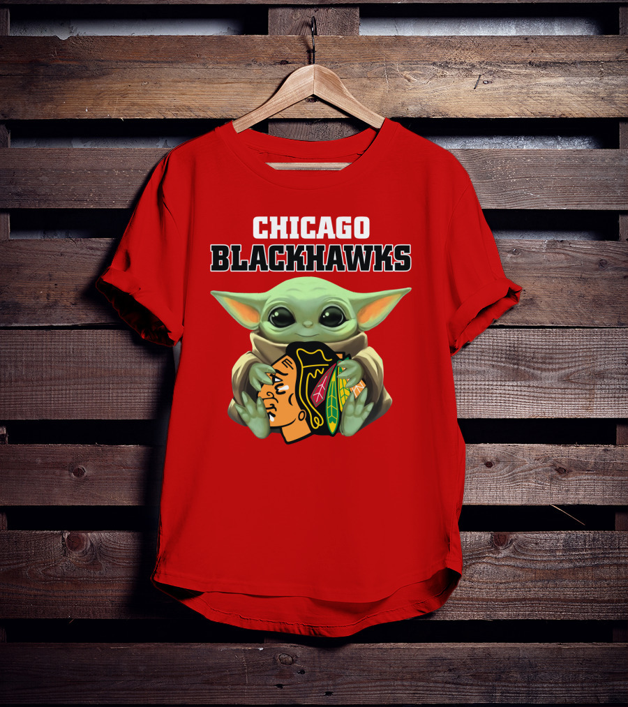 Chicago Blackhawks Baby Yoda Hugging Team T-Shirt