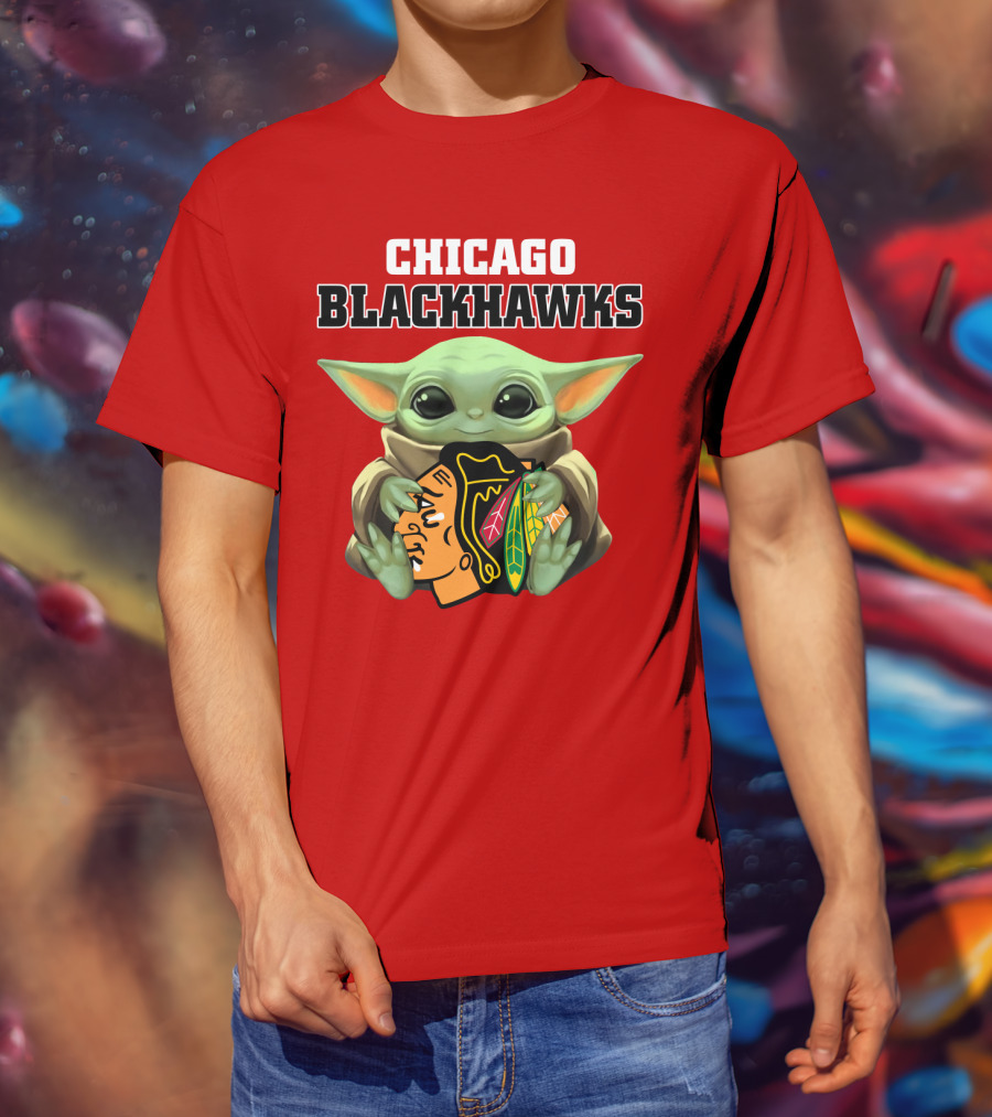 Chicago Blackhawks Baby Yoda Hugging Team T-Shirt
